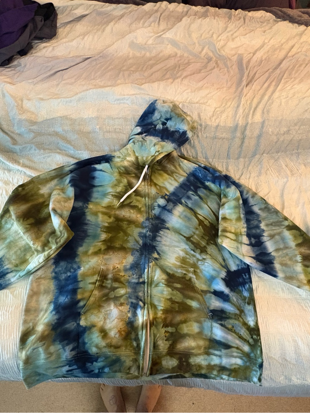 Hand-Dyed Tie-Dye Zip Hoodie in Blue & Olive Green